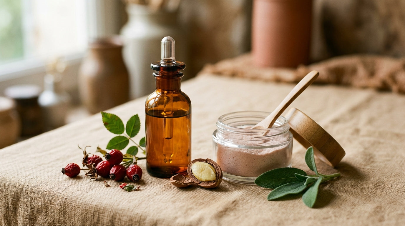 Sérum botanique et poudre de collagène marin entourés de baies de rose musquée actifs anti-rides naturels puissants