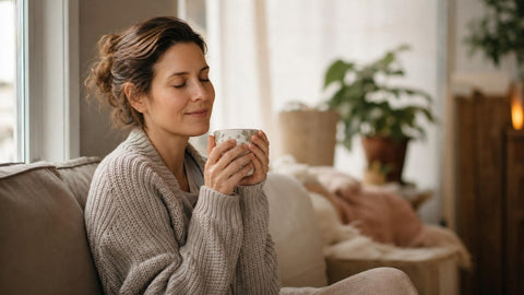 Femme sereine avec une tisane, illustrant une astuce de grand-mère pour augmenter la libido chez la femme