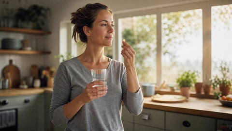 Femme sereine prenant un complément alimentaire pour baisser le cortisol le matin dans sa cuisine