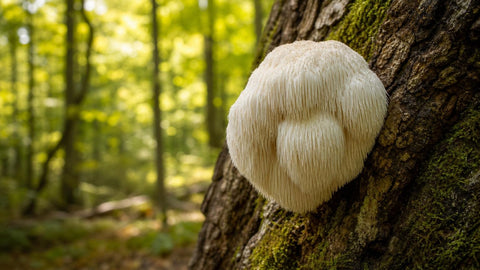 Champignon Lion's Mane (crinière de lion) aux longues épines blanches poussant sur un tronc en forêt